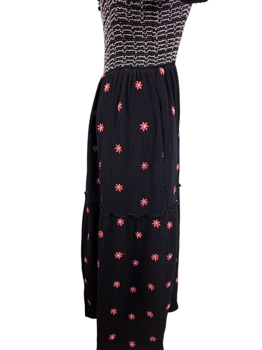 Boutique Style Black Smocked Midi Dress Pink Embroidered Floral Cottagecore M - Picture 8 of 14